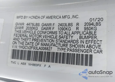 2020 Honda Accord Touring z USA, uszkodzony, nr VIN 1HGCV2F93LA006827